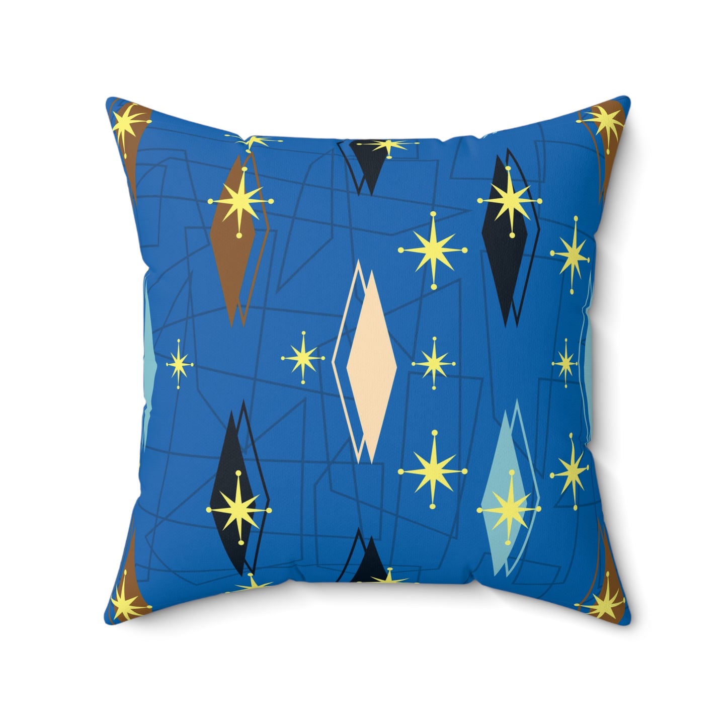 Mid-Century Starburst Decorative Pillow — Retro Blue Geometric Accent