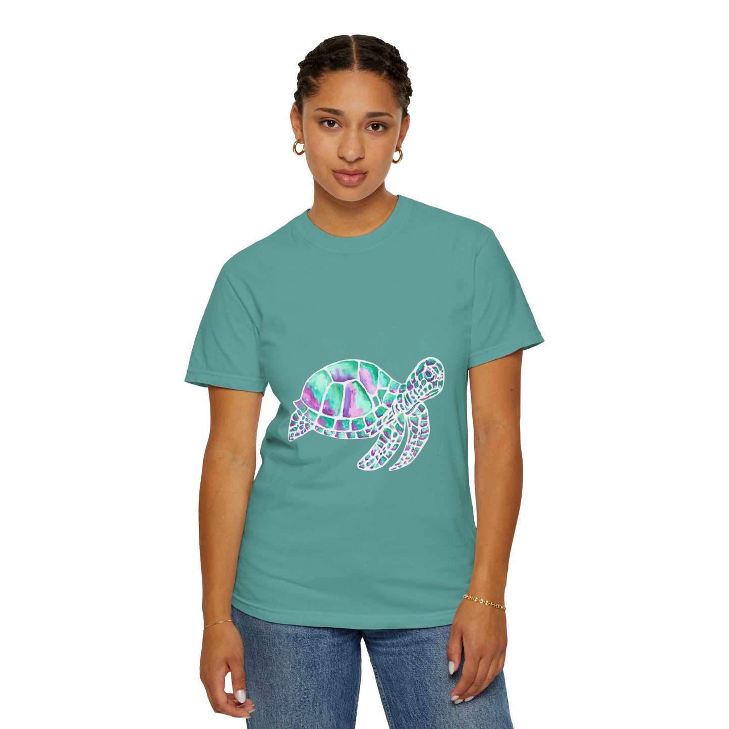 Sea Turtle in Teal and Purple Unisex Garment-Dyed T-shirt