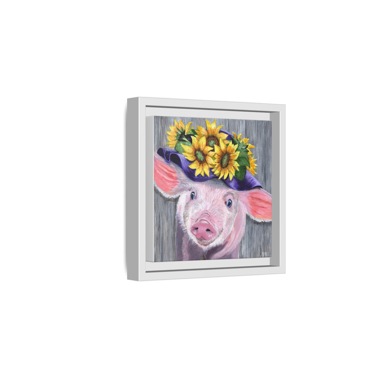 Sunflower Hat Pig Matte Framed Canvas — Whimsical Farmhouse Wall Art