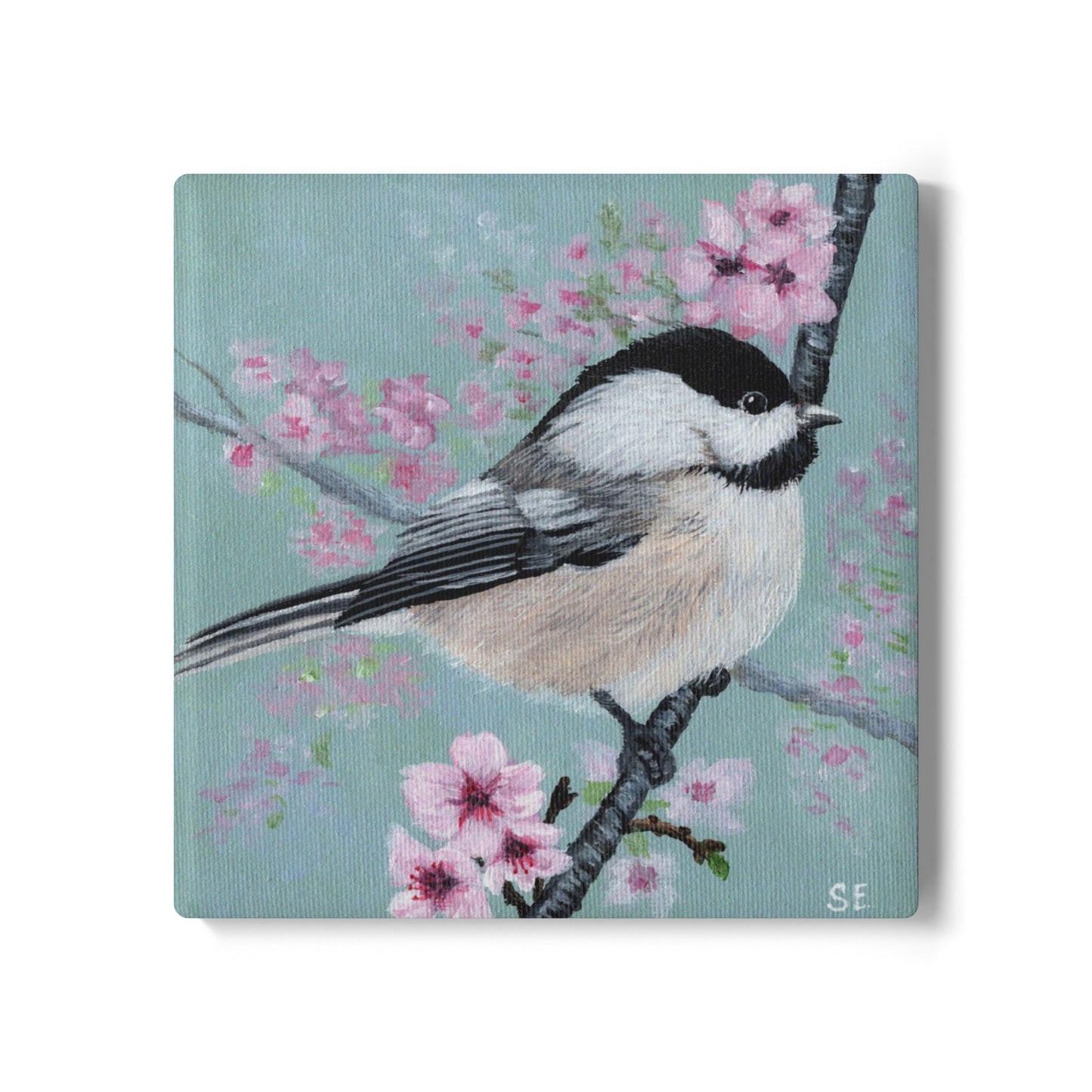 Chickadee & Cherry Blossom Ceramic Coaster — Spring Bird Drink Coaster