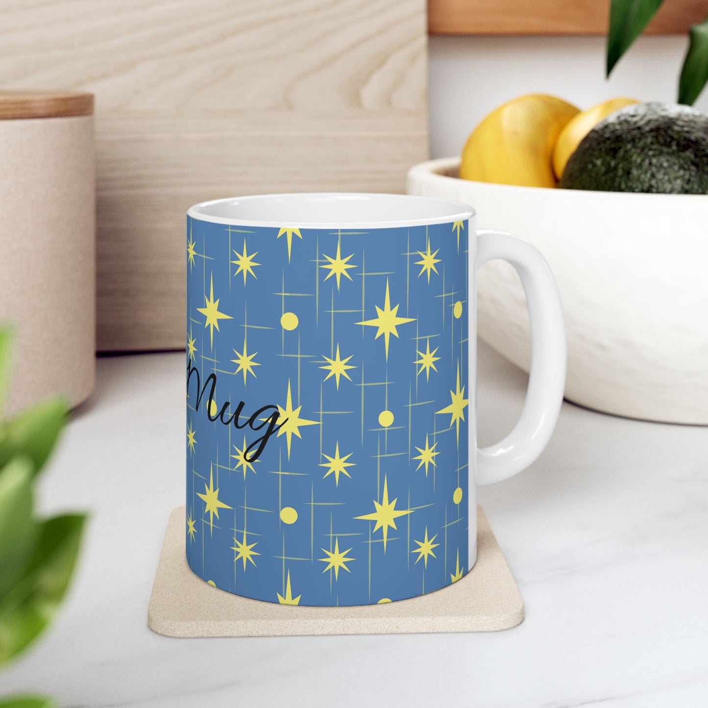 Retro Star Pattern Ceramic Mug — Blue & Yellow 11oz/15oz