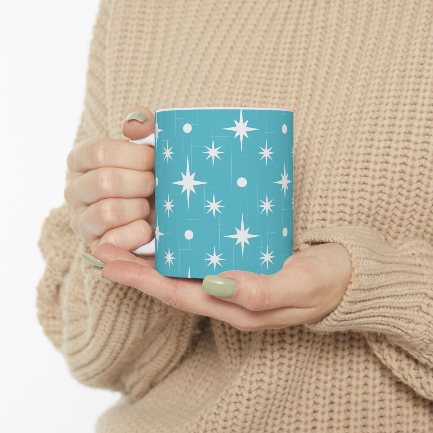 Starburst Pattern Ceramic Mug — Retro Turquoise Mid-Century Modern Coffee Cup (11oz, 15oz)
