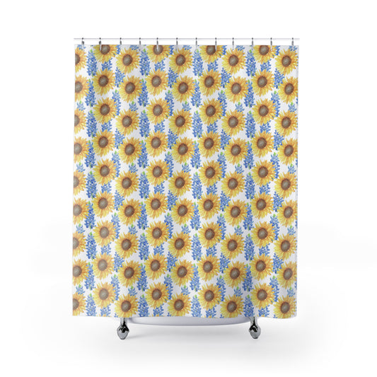 Sunflower & Bluebonnet Shower Curtain — Bright Floral Bathroom Decor