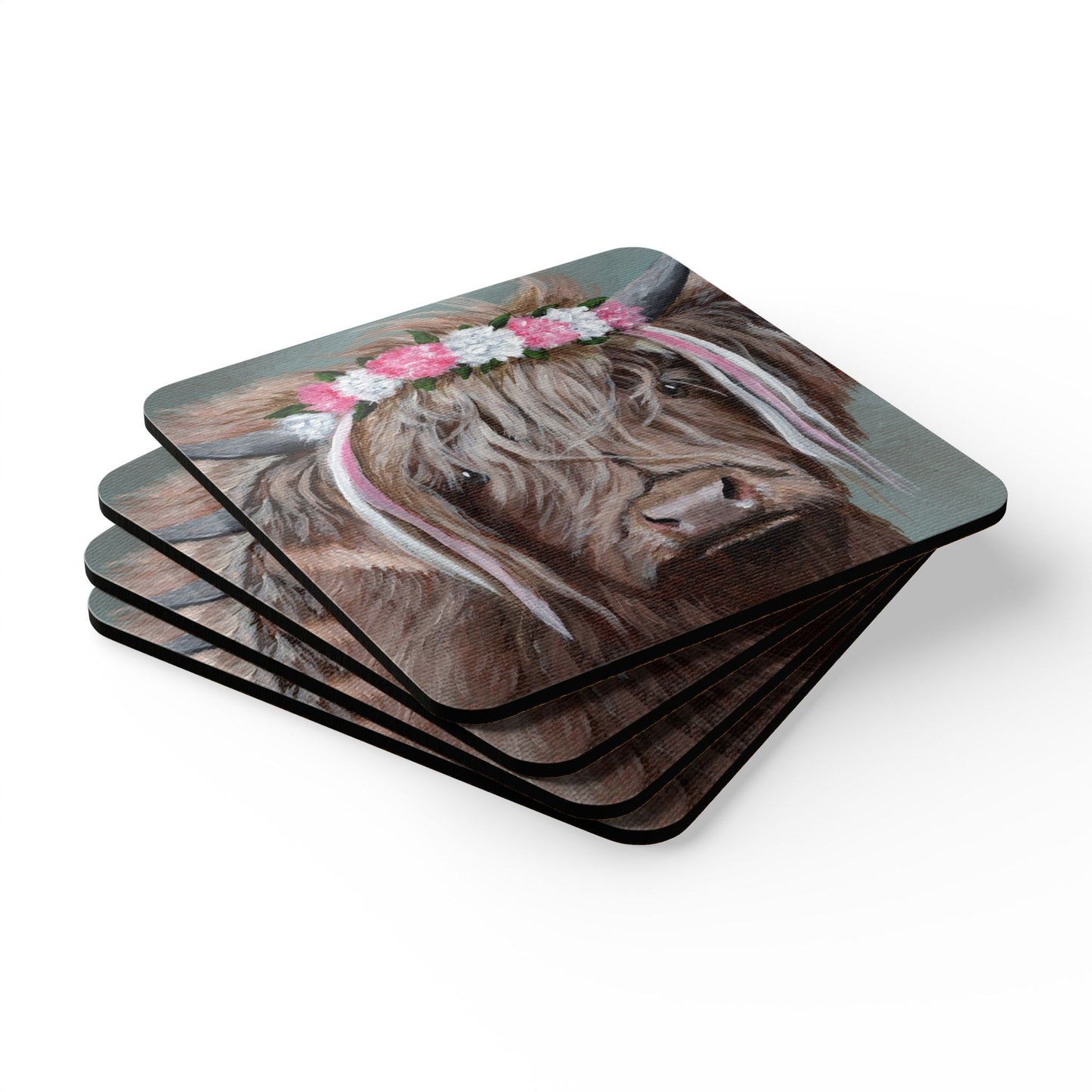 Highland Cow Floral Cork Coaster Set — Cute Farmhouse Drink Coasters (4-Pack)