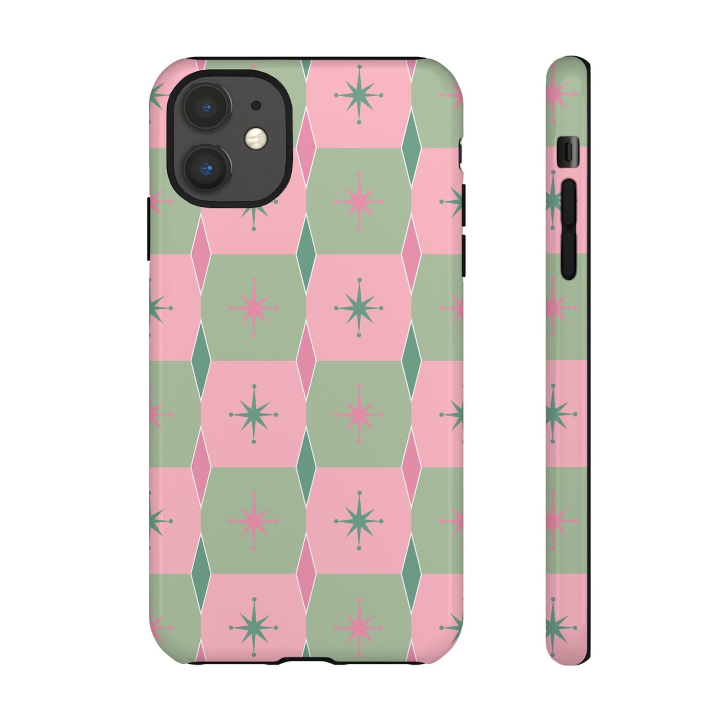 1950s Retro Square and Diamond Pattern in Pink and Green Tough Cases