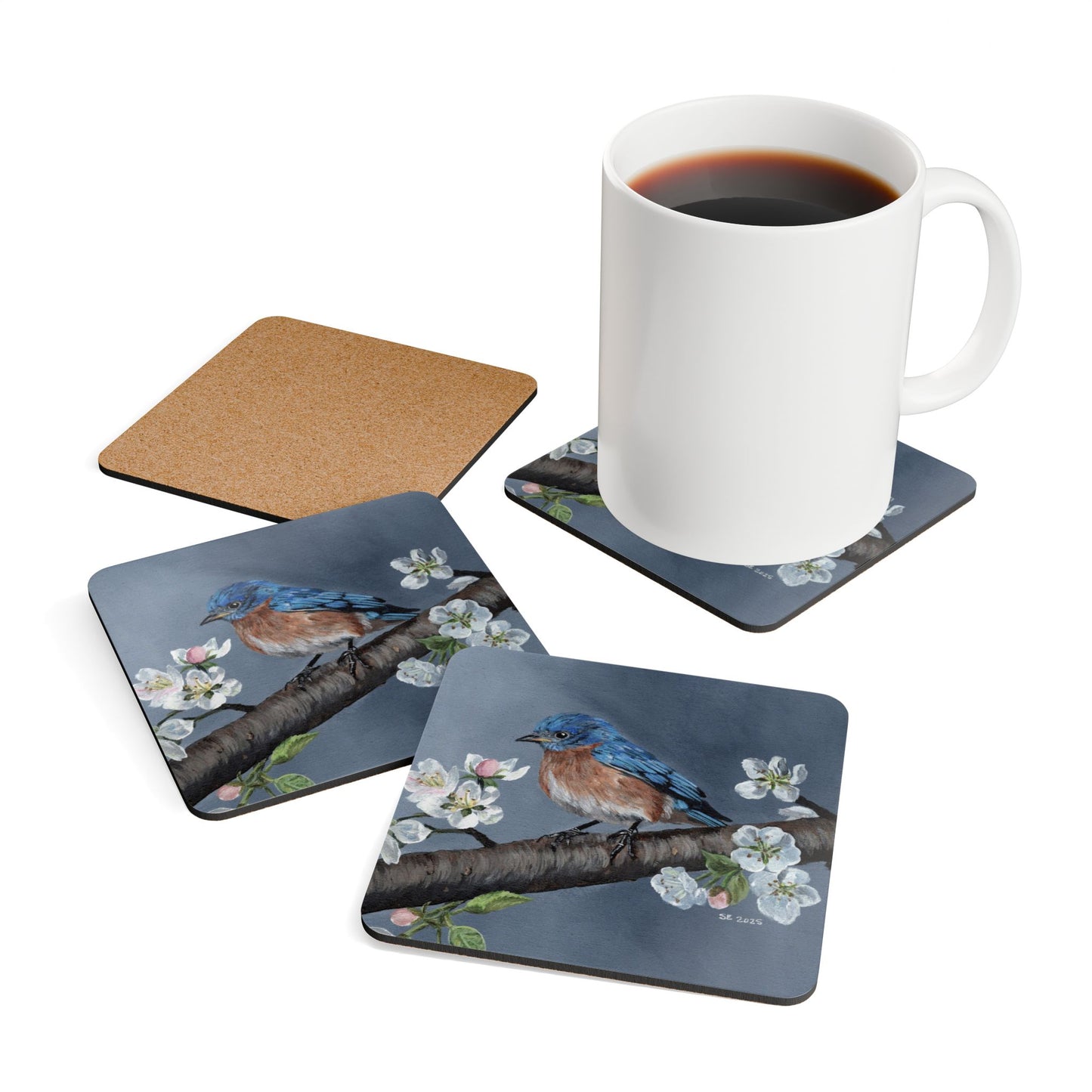 Bluebird & Blossoms Cork Coaster Set — 4-Pack Decorative Drink Coasters