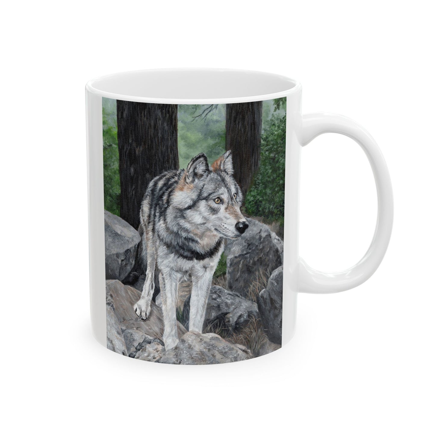 Wolf in the Woods Ceramic Mug — Rustic Nature Coffee Cup (11oz/15oz)