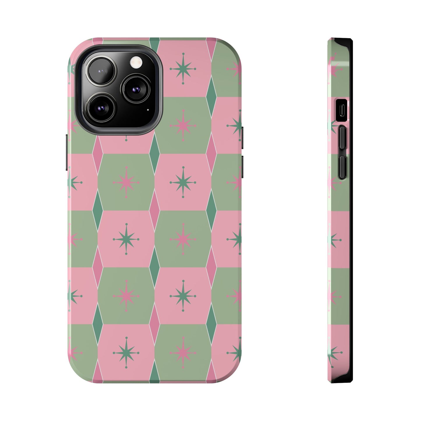 1950s Retro Square and Diamond Pattern in Pink and Green Tough iPhone Cases