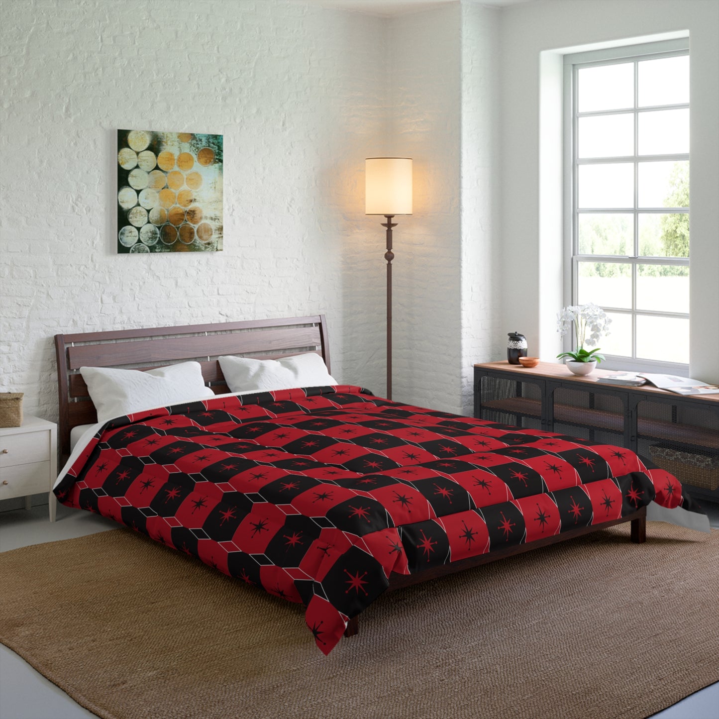 Plaid Star Comforter — Red & Black Midcentury Modern Star Pattern Bedding