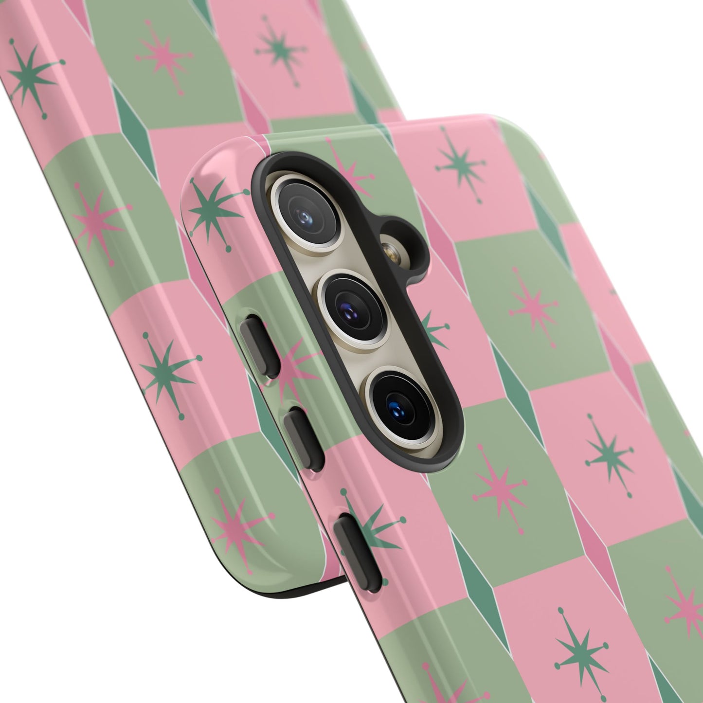 1950s Retro Square and Diamond Pattern in Pink and Green Tough Cases