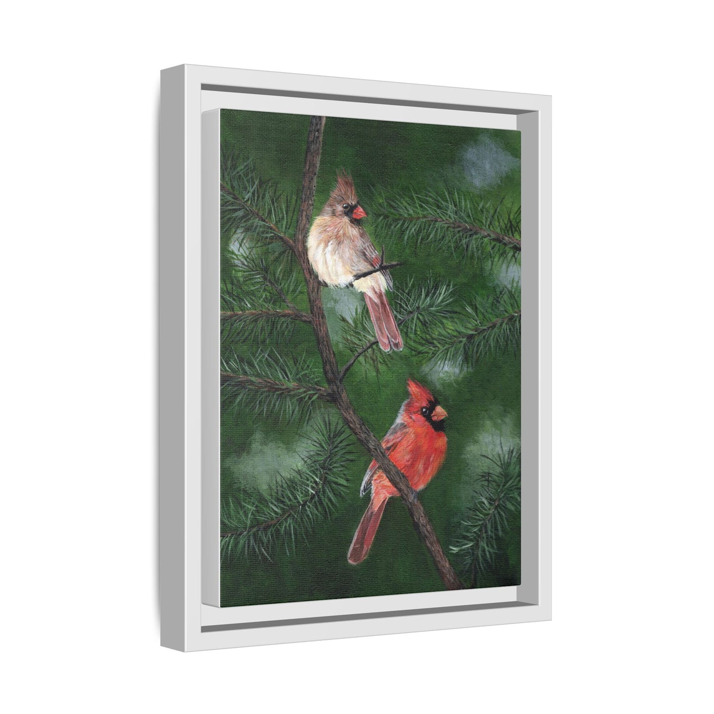 Framed Cardinal Canvas Print – Pair of Cardinals Pine Tree Wall Art