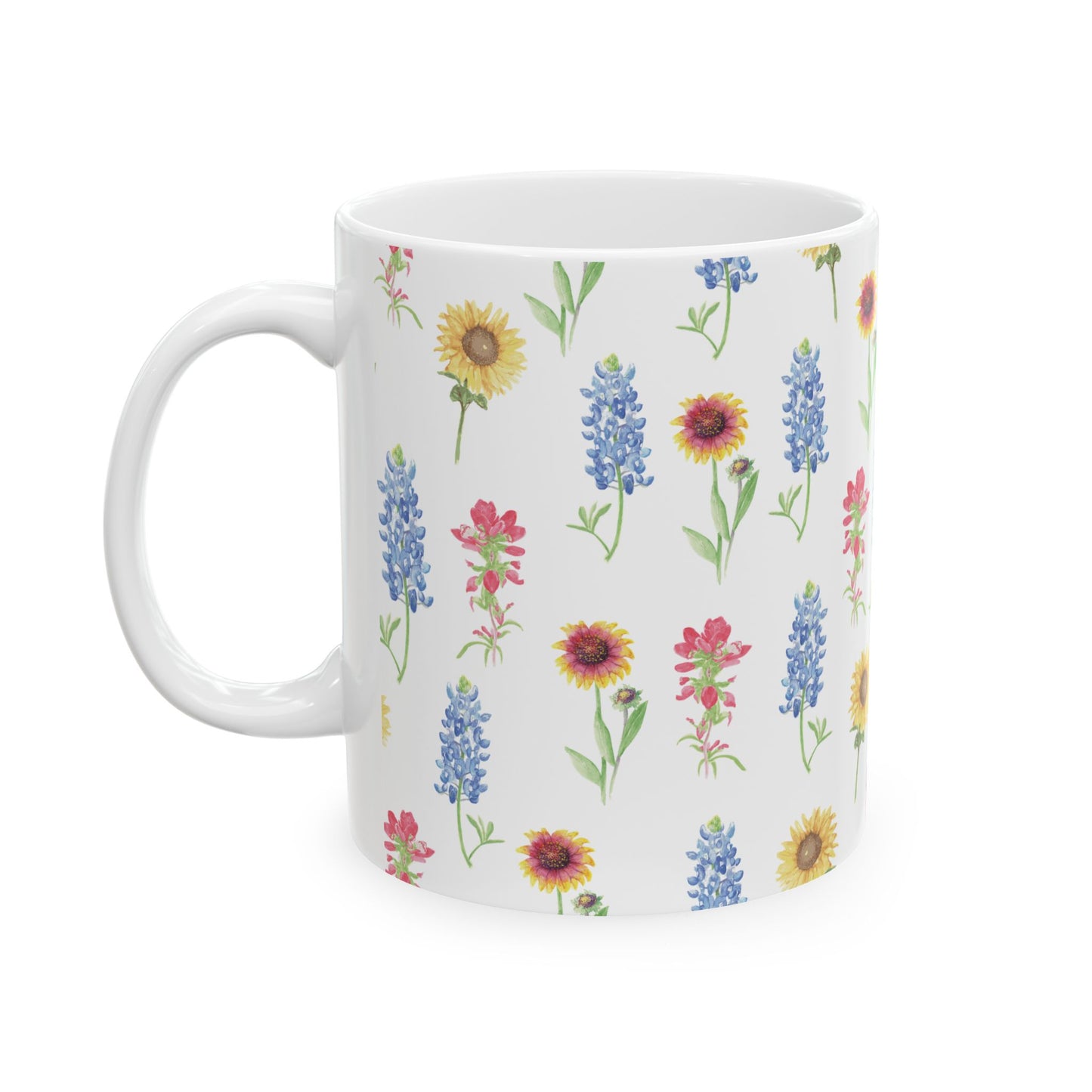 Texas Wildflower Mug — Sunflower & Bluebonnet Ceramic Coffee Cup (11oz, 15oz)