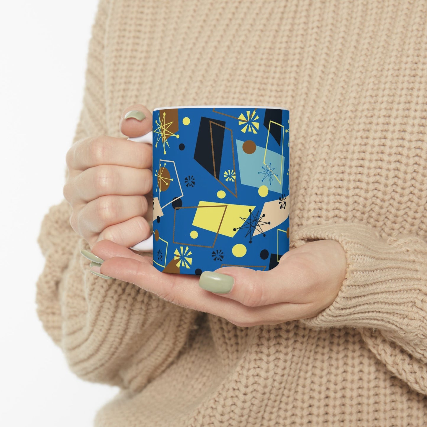 Retro Atomic Blue Ceramic Mug – Mid-Century Modern Geometric Coffee Cup (11oz/15oz)