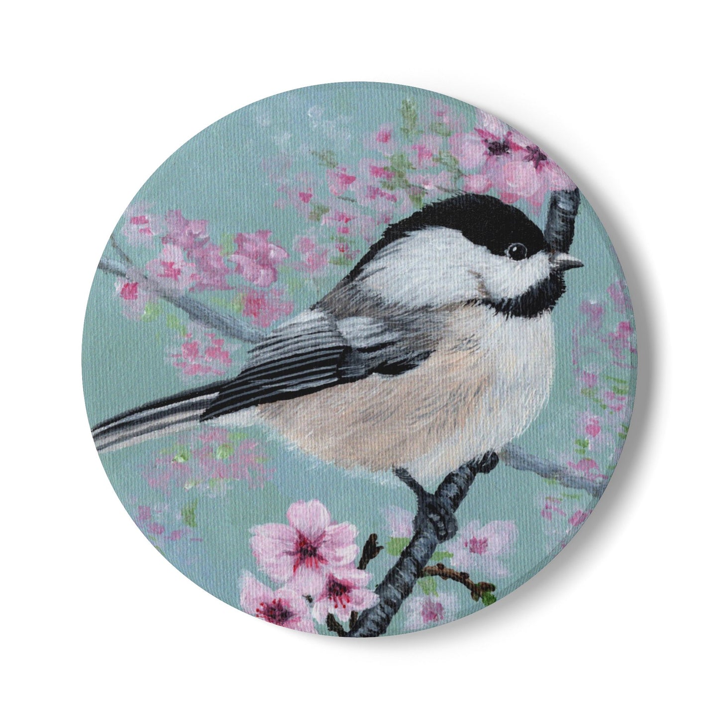 Chickadee & Cherry Blossom Ceramic Coaster — Spring Bird Drink Coaster