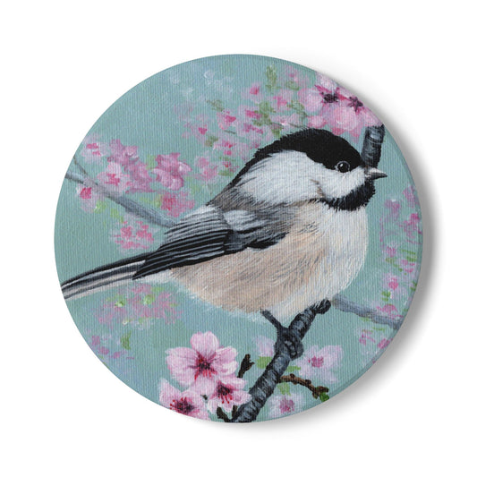 Chickadee & Cherry Blossom Ceramic Coaster — Spring Bird Drink Coaster