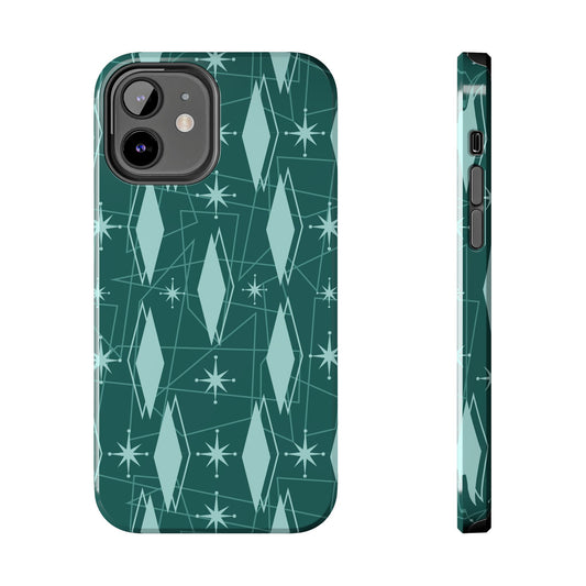 1950s Retro Star and Diamond Pattern in Green Tough iPhone Cases