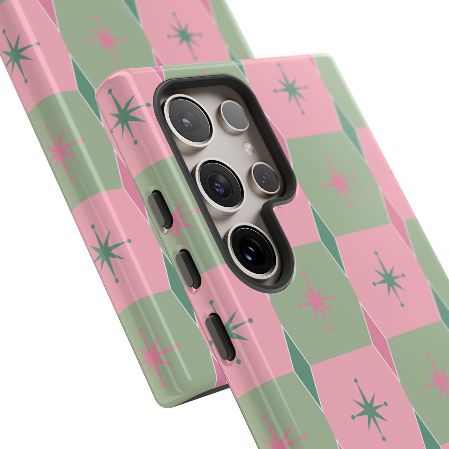 1950s Retro Square and Diamond Pattern in Pink and Green Tough Cases