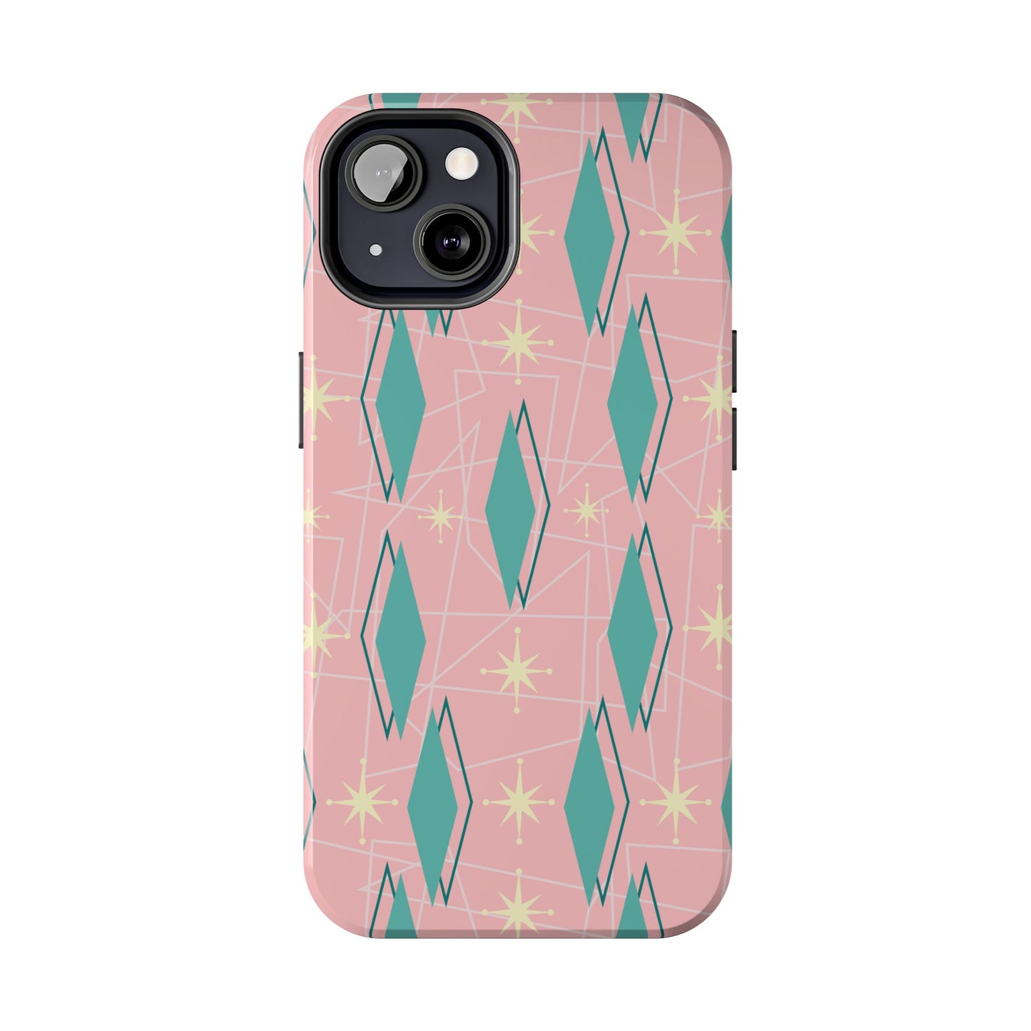 1950s Retro Star and Diamond Pattern in Pink and Green Tough iPhone Case