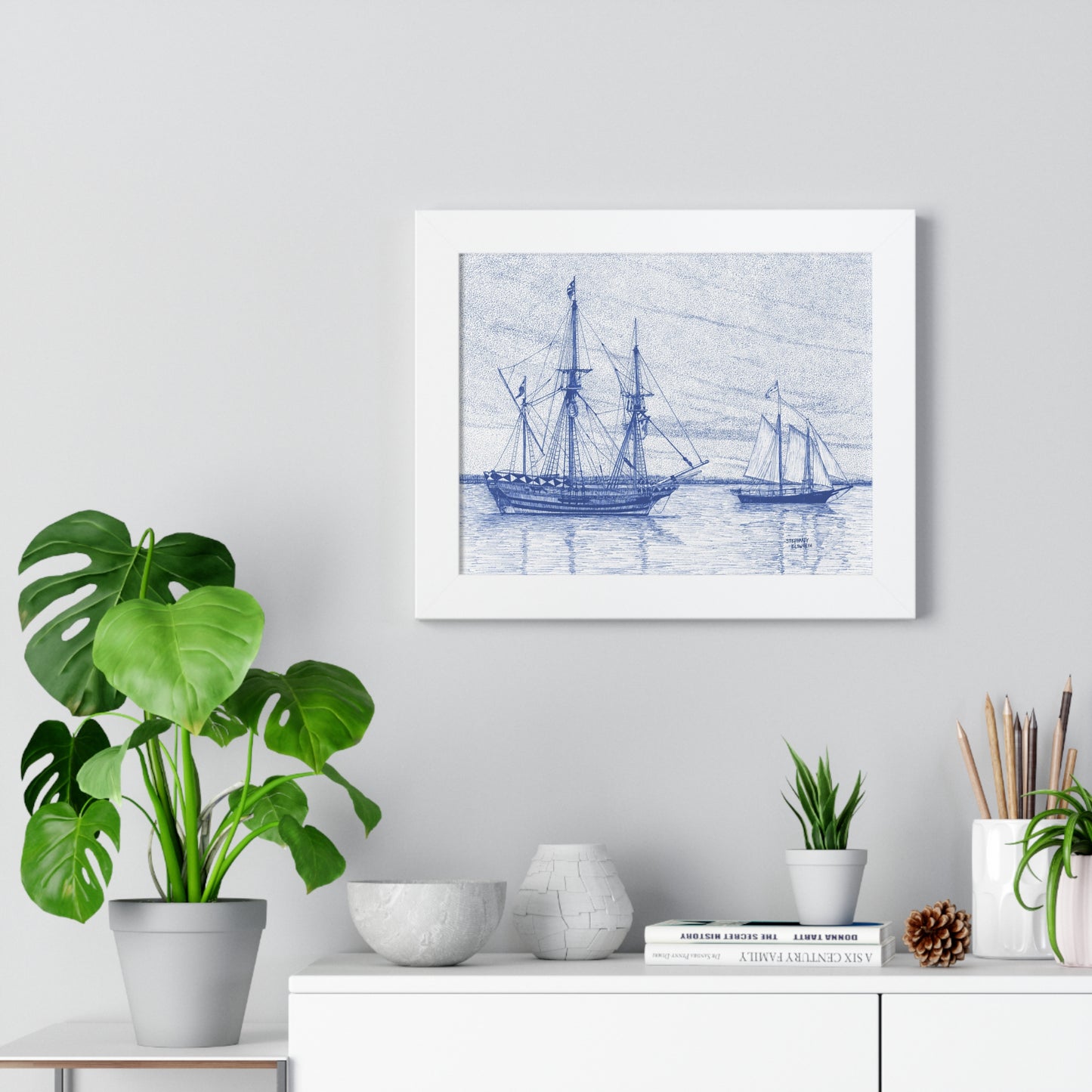 Framed Poster — Vintage Blue Nautical Ship Sketch