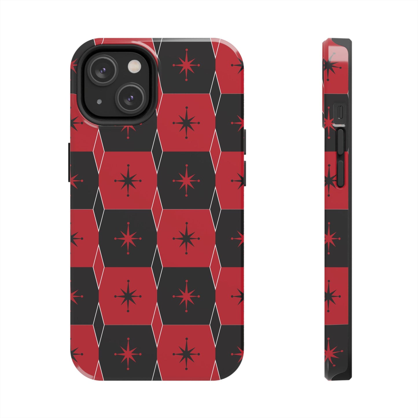 Square and Diamond Pattern in Red and Black Tough iPhone Case