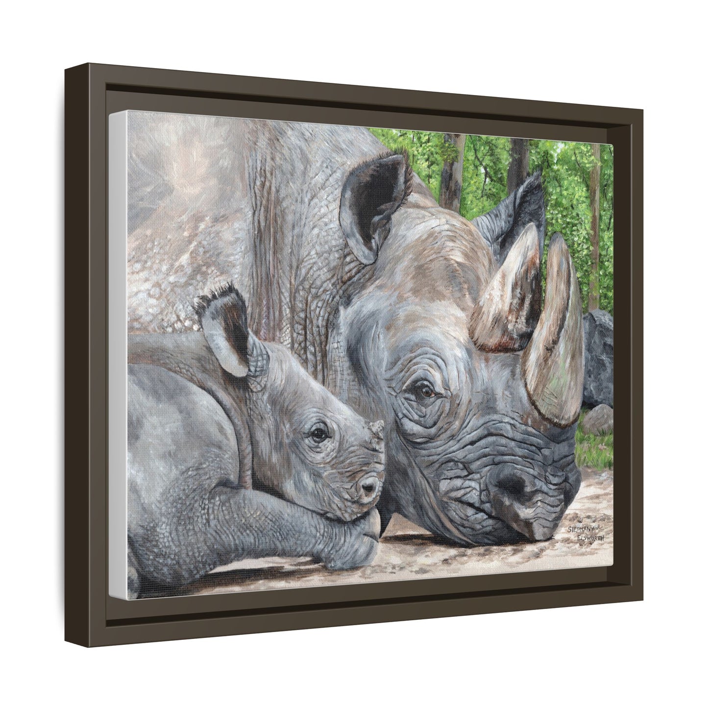 Framed Rhino & Calf Matte Canvas Print — Wildlife Nursery Wall Art