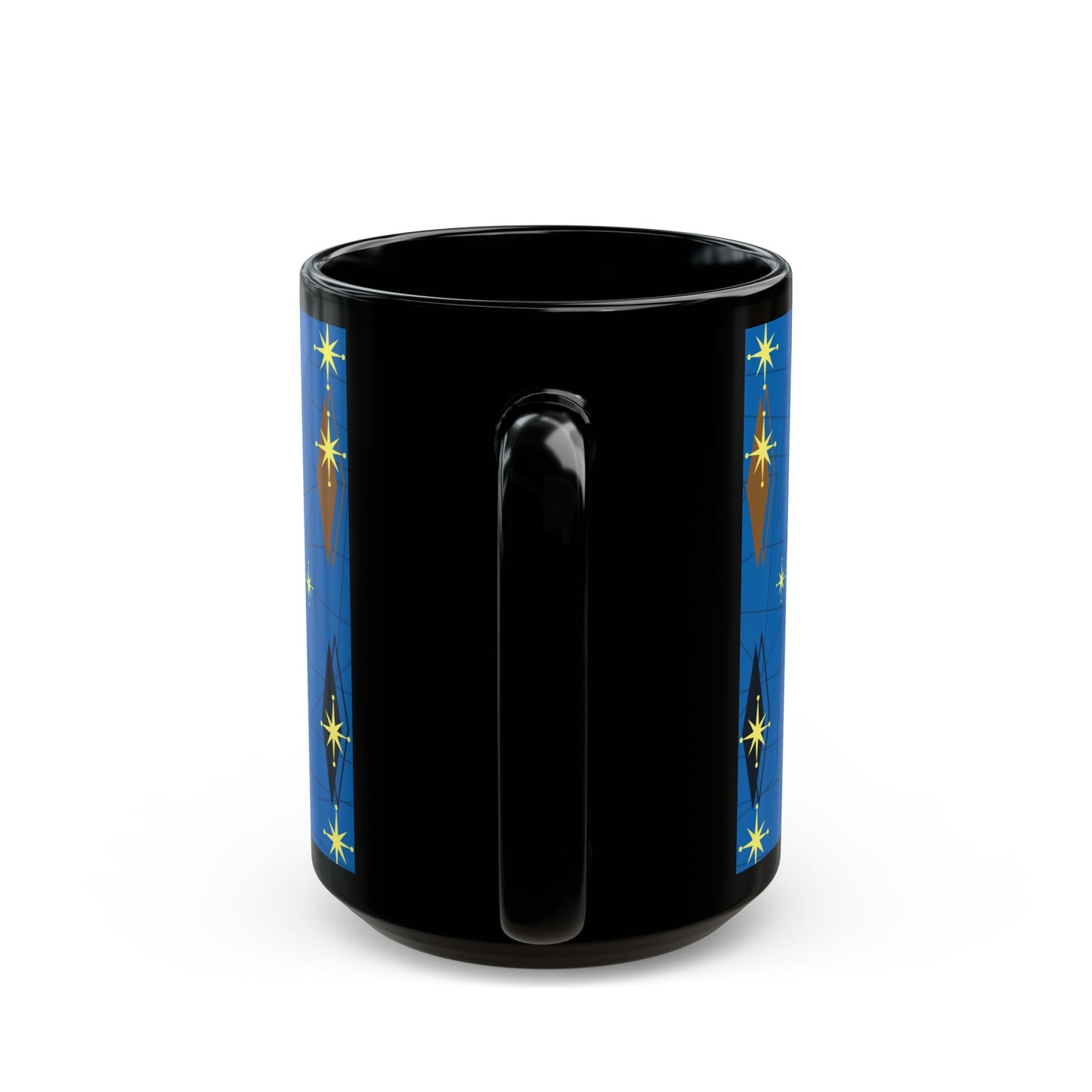 Retro Mid-Century Starburst Pattern Black Coffee Mug — Blue Geometric 11oz/15oz