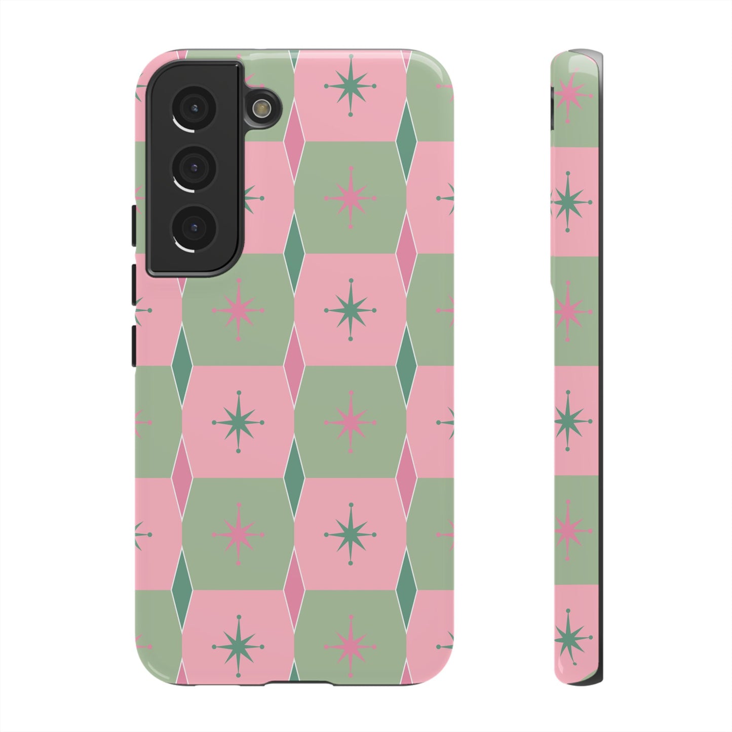 1950s Retro Square and Diamond Pattern in Pink and Green Tough Cases