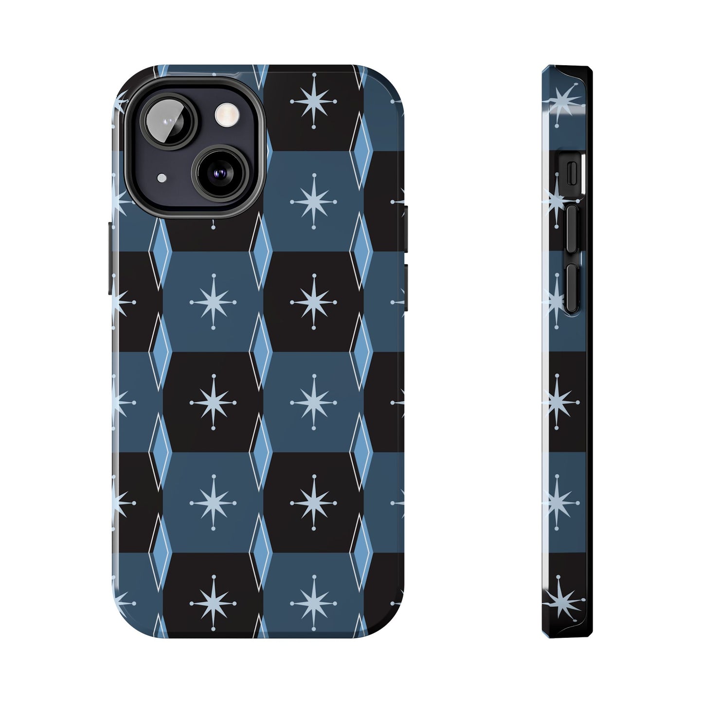 Blue and Black Diamond and Square Pattern Tough iPhone Cases