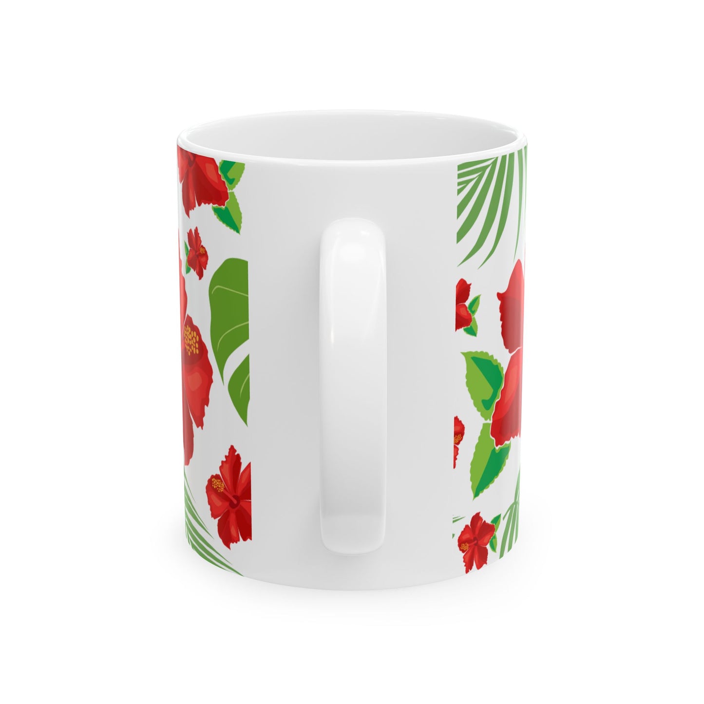 Red Hibiscus and Monstera Leaf Pattern Ceramic Mug 11oz