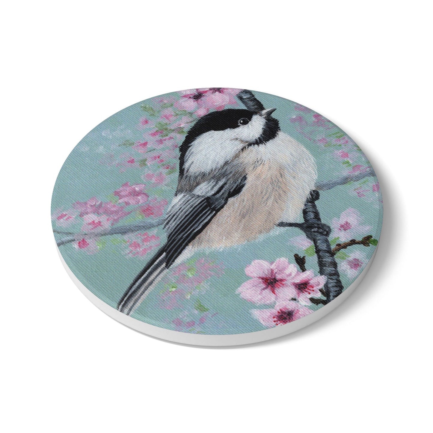 Chickadee & Cherry Blossom Ceramic Coaster — Spring Bird Drink Coaster