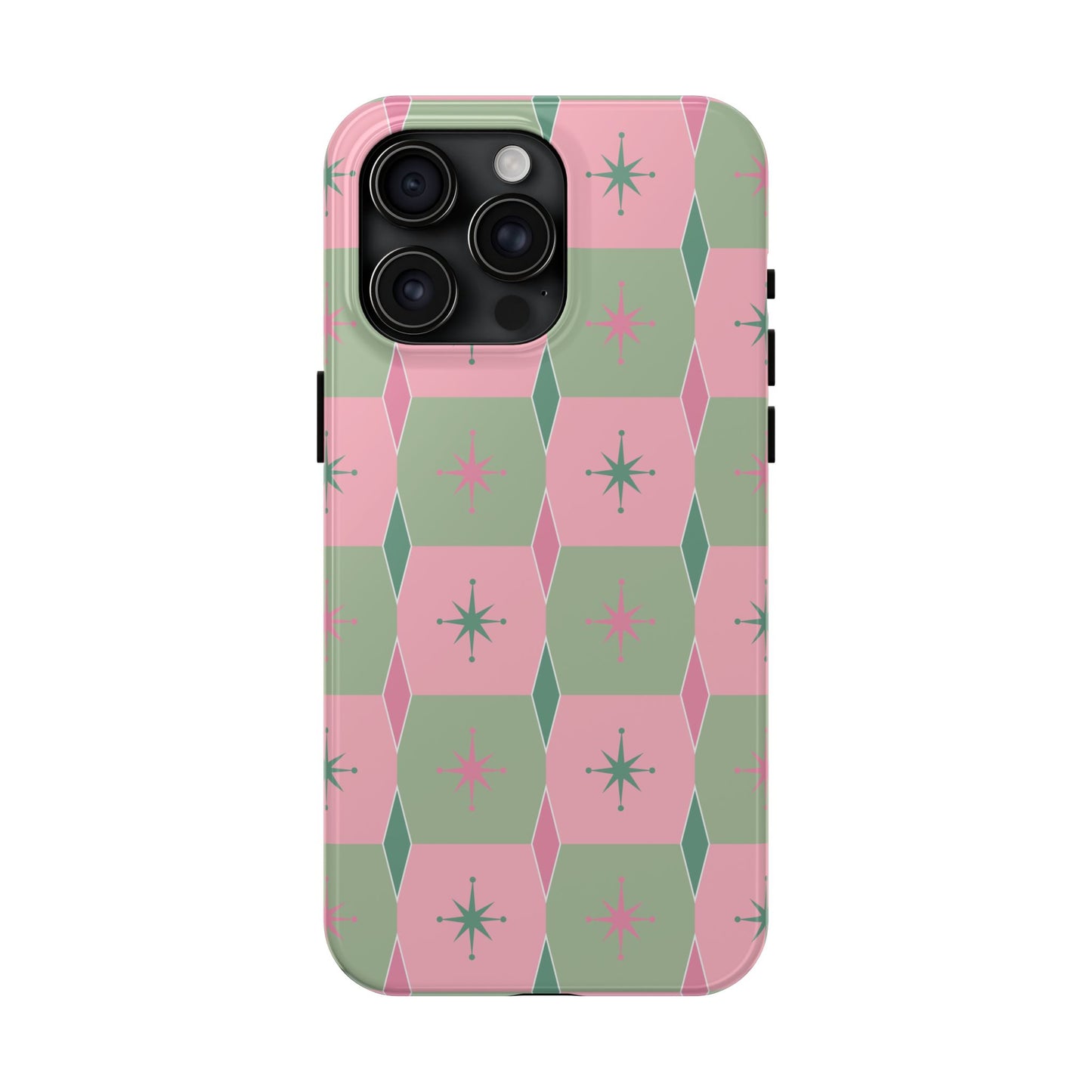 1950s Retro Square and Diamond Pattern in Pink and Green Tough iPhone Cases