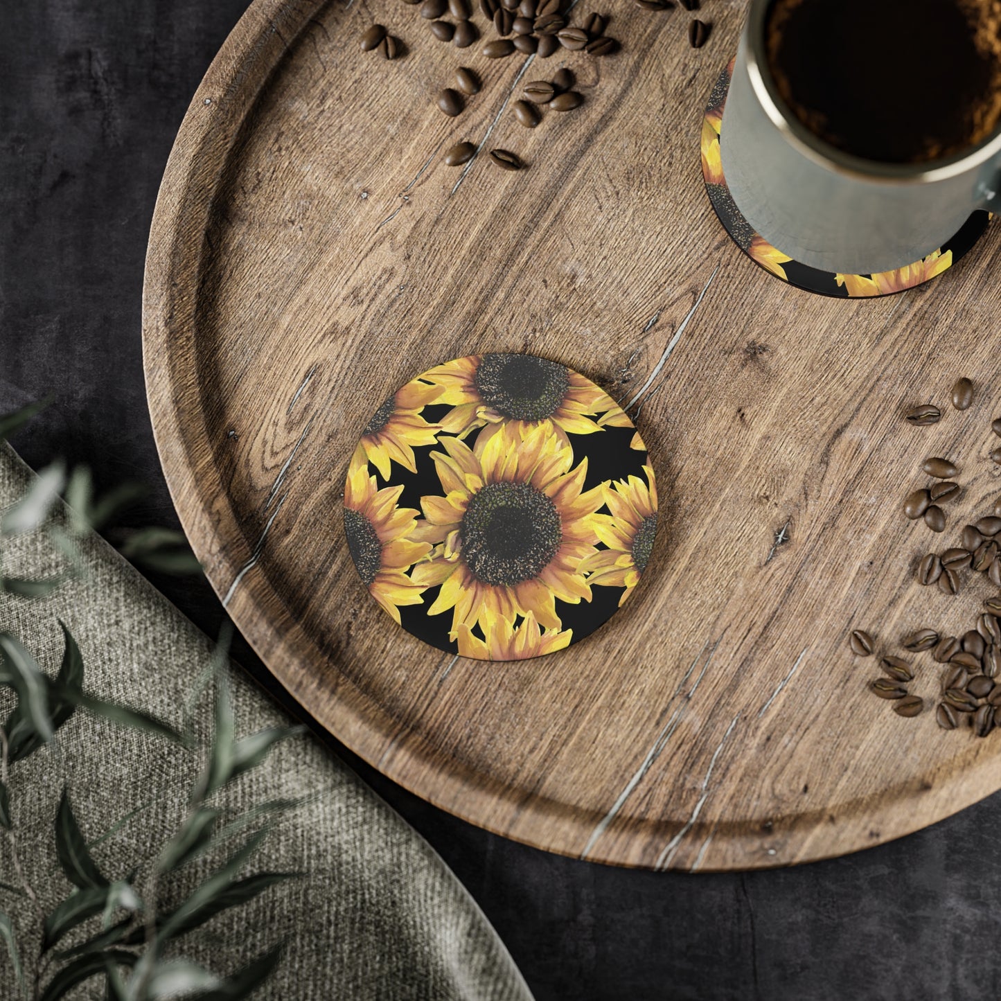 Sunflowers on Black Coasters