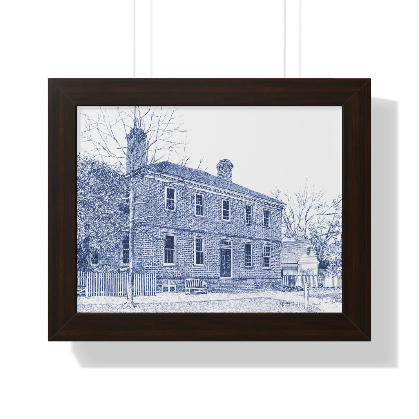 Colonial Williamsburg's Wythe House in Blue Framed Horizontal Poster — Vintage Blue Architectural Print of Historic House