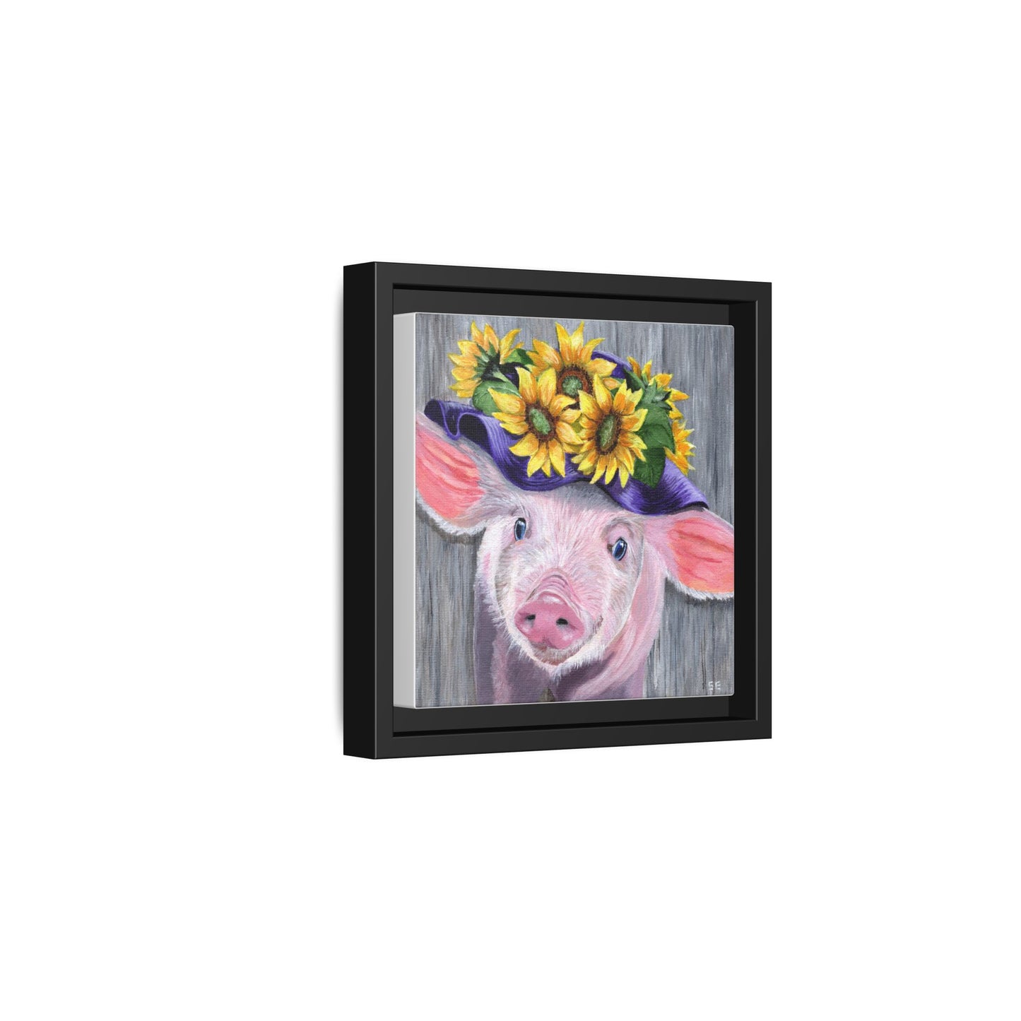 Sunflower Hat Pig Matte Framed Canvas — Whimsical Farmhouse Wall Art