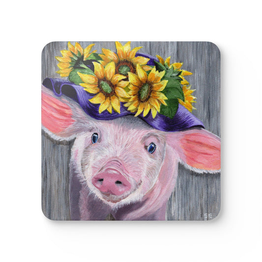 Sunflower Pig Cork Coaster Set — Cute Farmhouse Drink Coasters (4-Pack)