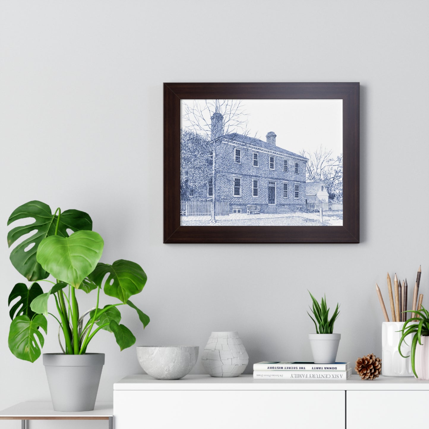 Colonial Williamsburg's Wythe House in Blue Framed Horizontal Poster — Vintage Blue Architectural Print of Historic House