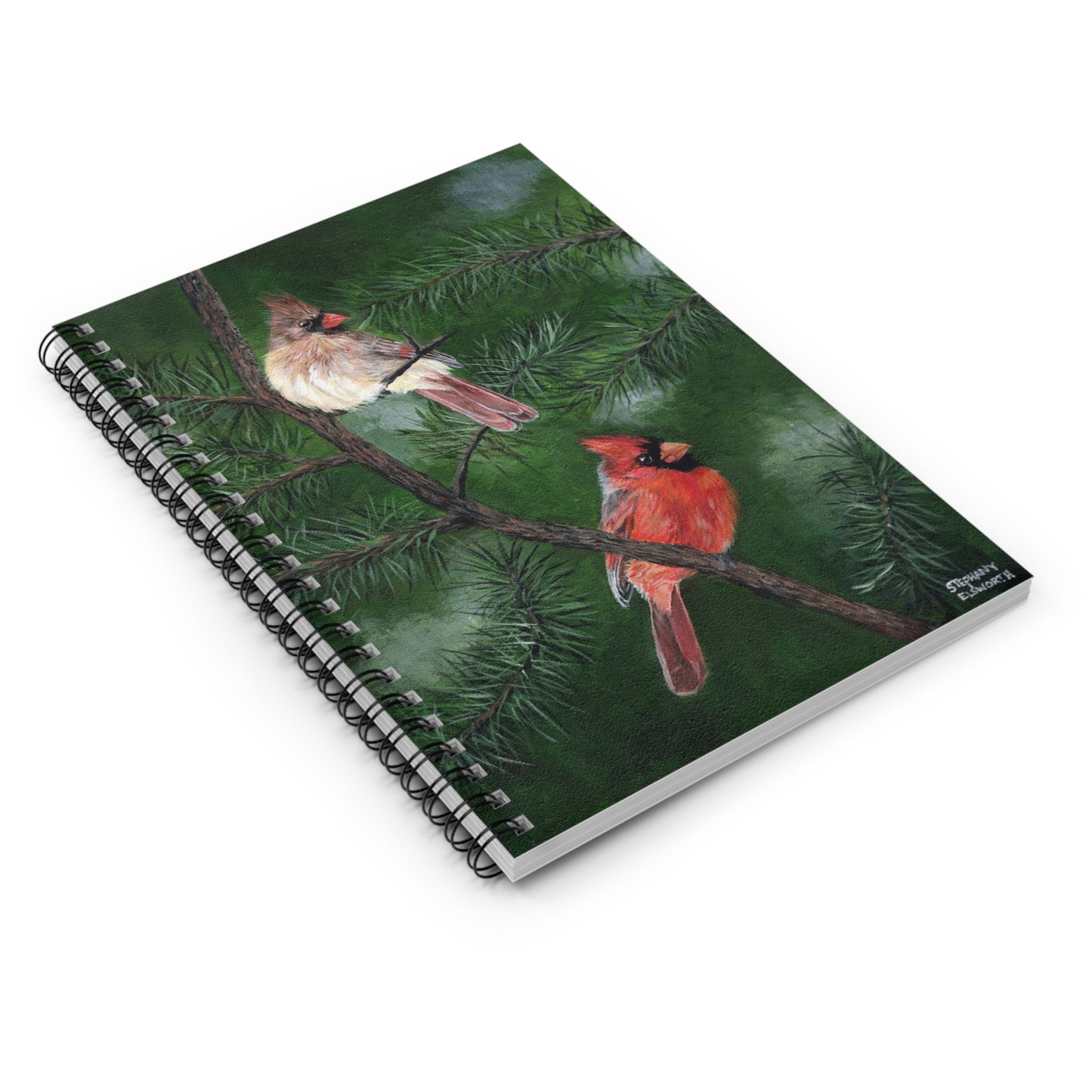 Cardinal Pair Spiral Notebook — Ruled Lined Journal with Pine Tree Art