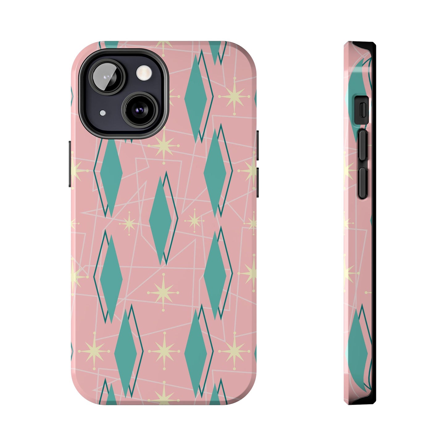 1950s Retro Star and Diamond Pattern in Pink and Green Tough iPhone Case