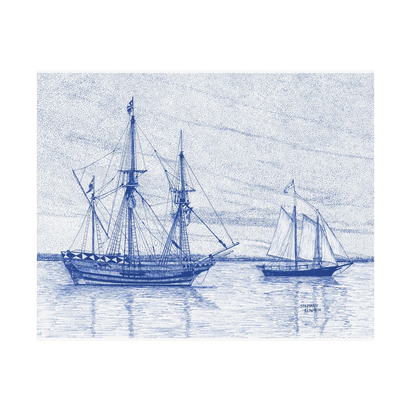 Sailboat Sketch Matte Poster — Blue Nautical Ship Wall Art