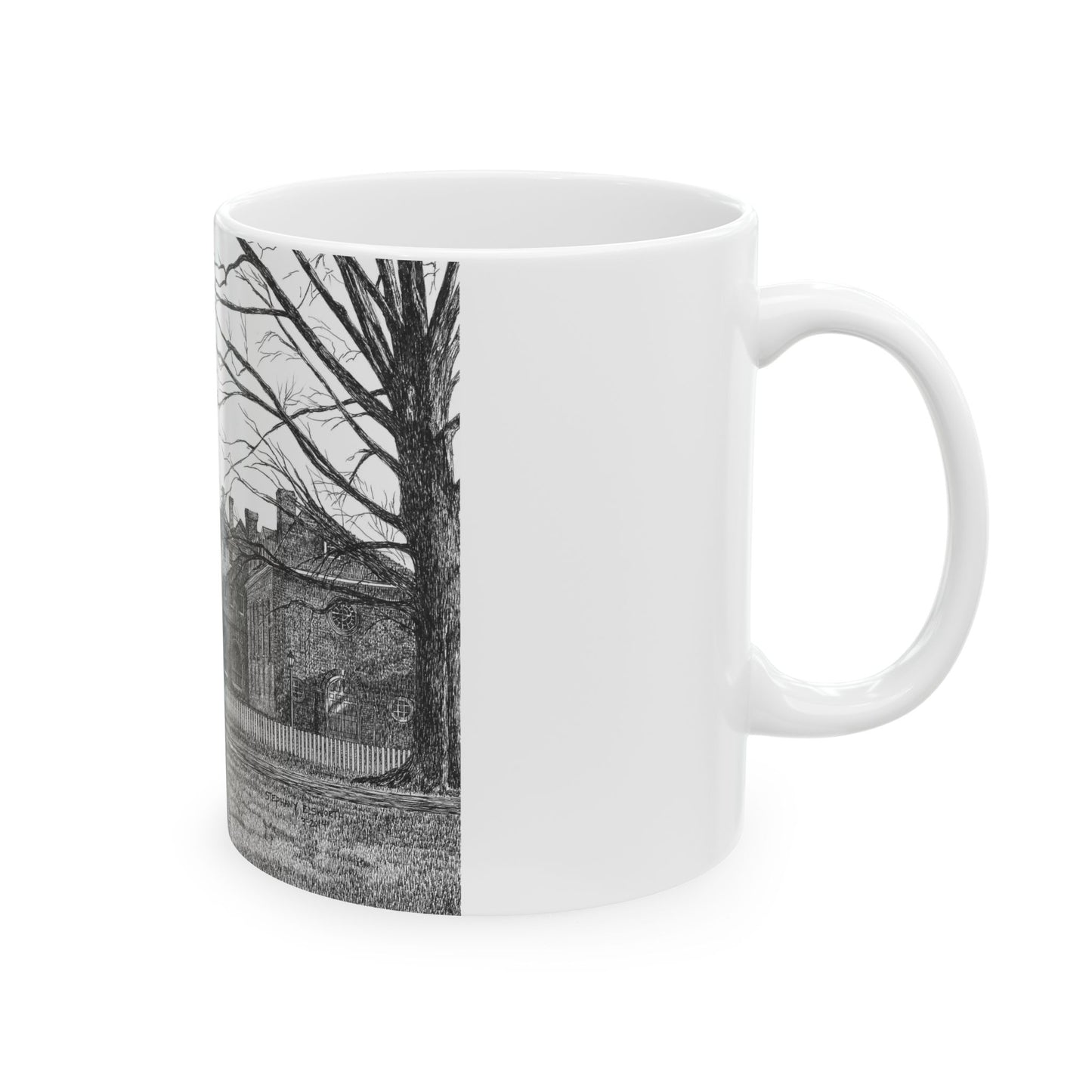 Wren Building, CWM Ceramic Mug — Black & White Architectural Illustration (11oz, 15oz)