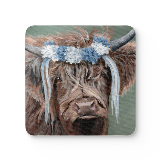 Corkwood Coasters — Highland Cow with Blue Floral Crown (Set)