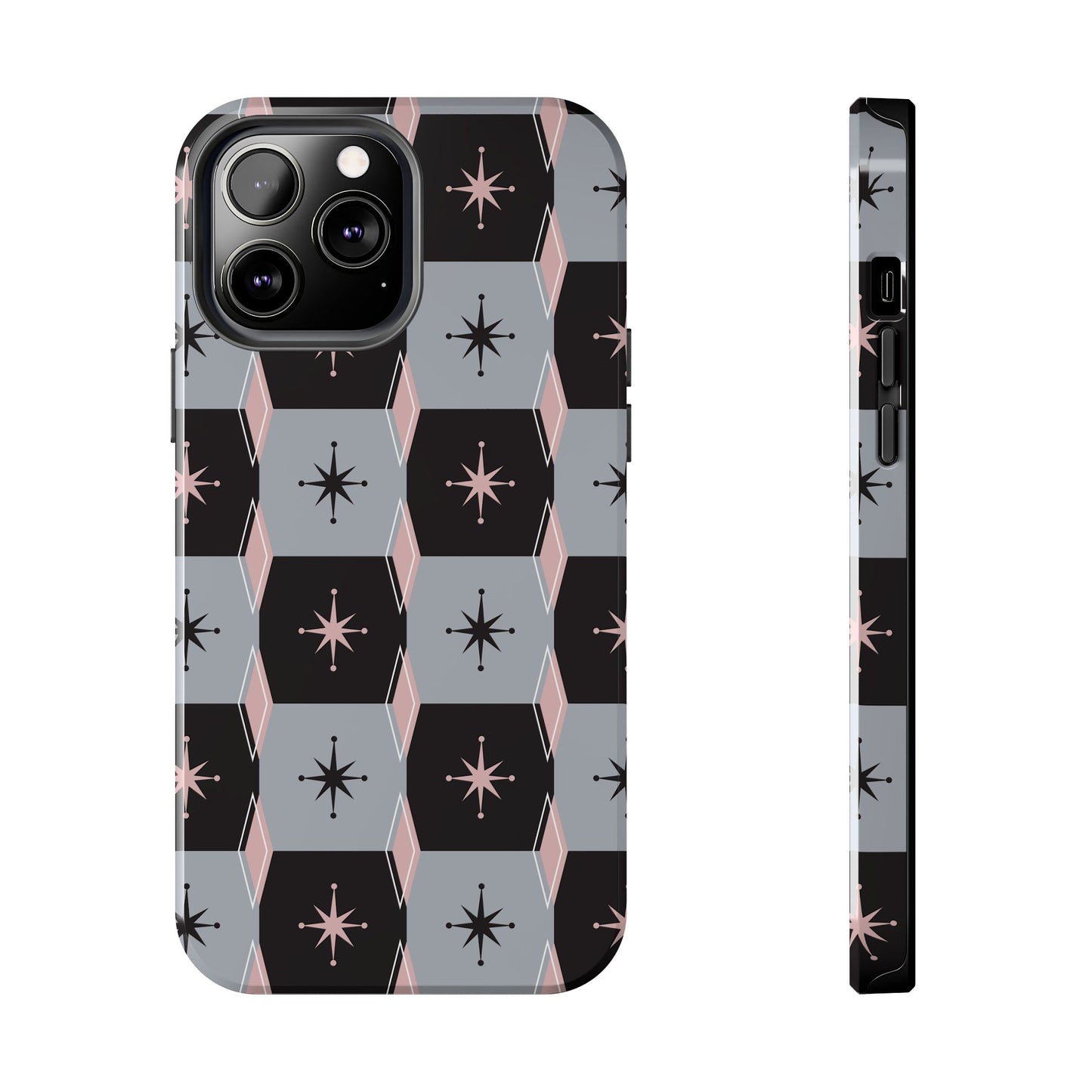 Diamond and Square Pattern in Pink, Black and Gray Tough iPhone Cases