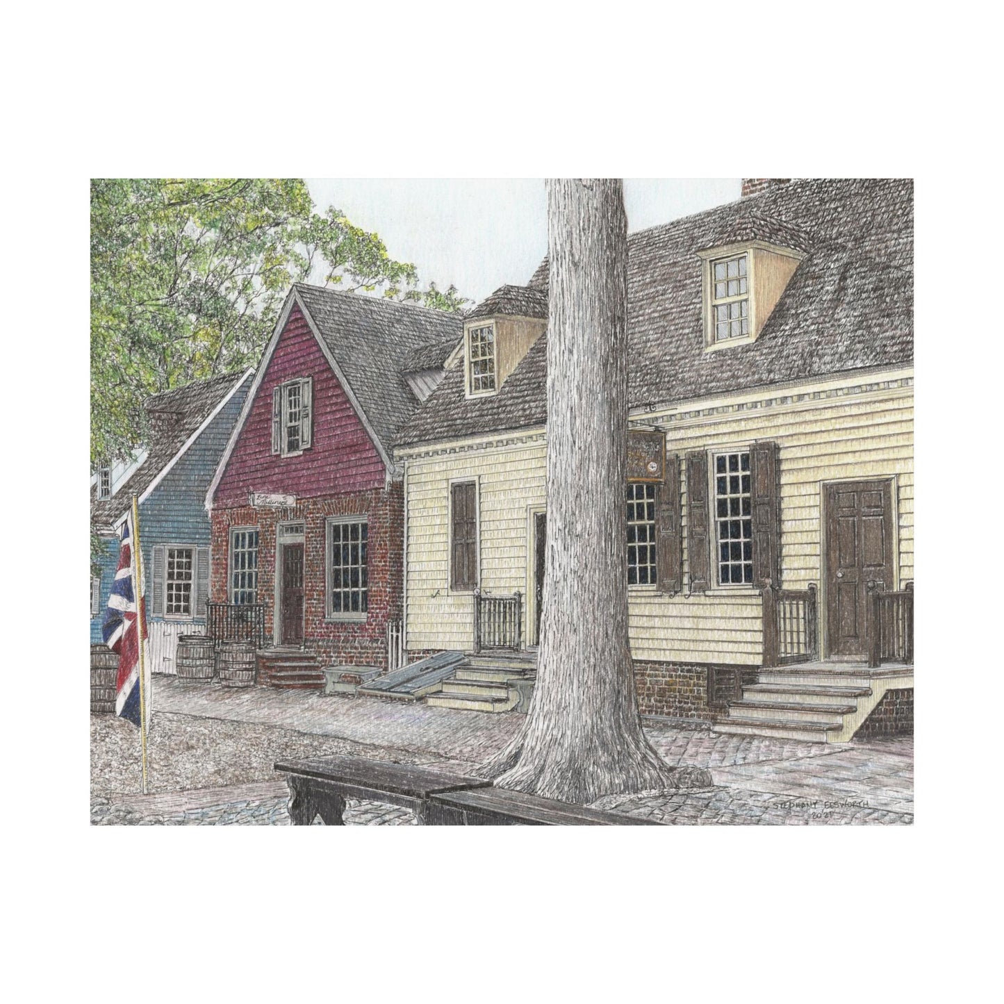 Colonial Williamsburg Street Scene Matte Poster – Historic Waterfront Houses Wall Art