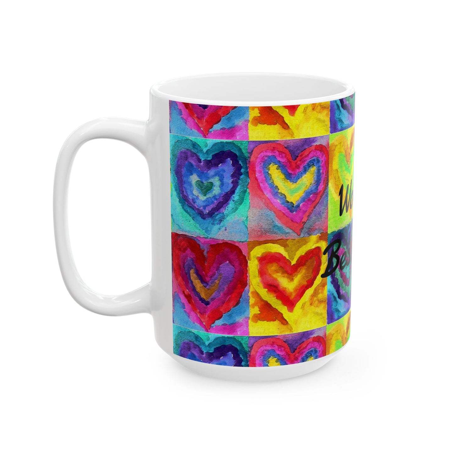 World's Best Mom Ceramic Mug — Colorful Watercolor Hearts, Mother's Day Gift (11oz & 15oz)