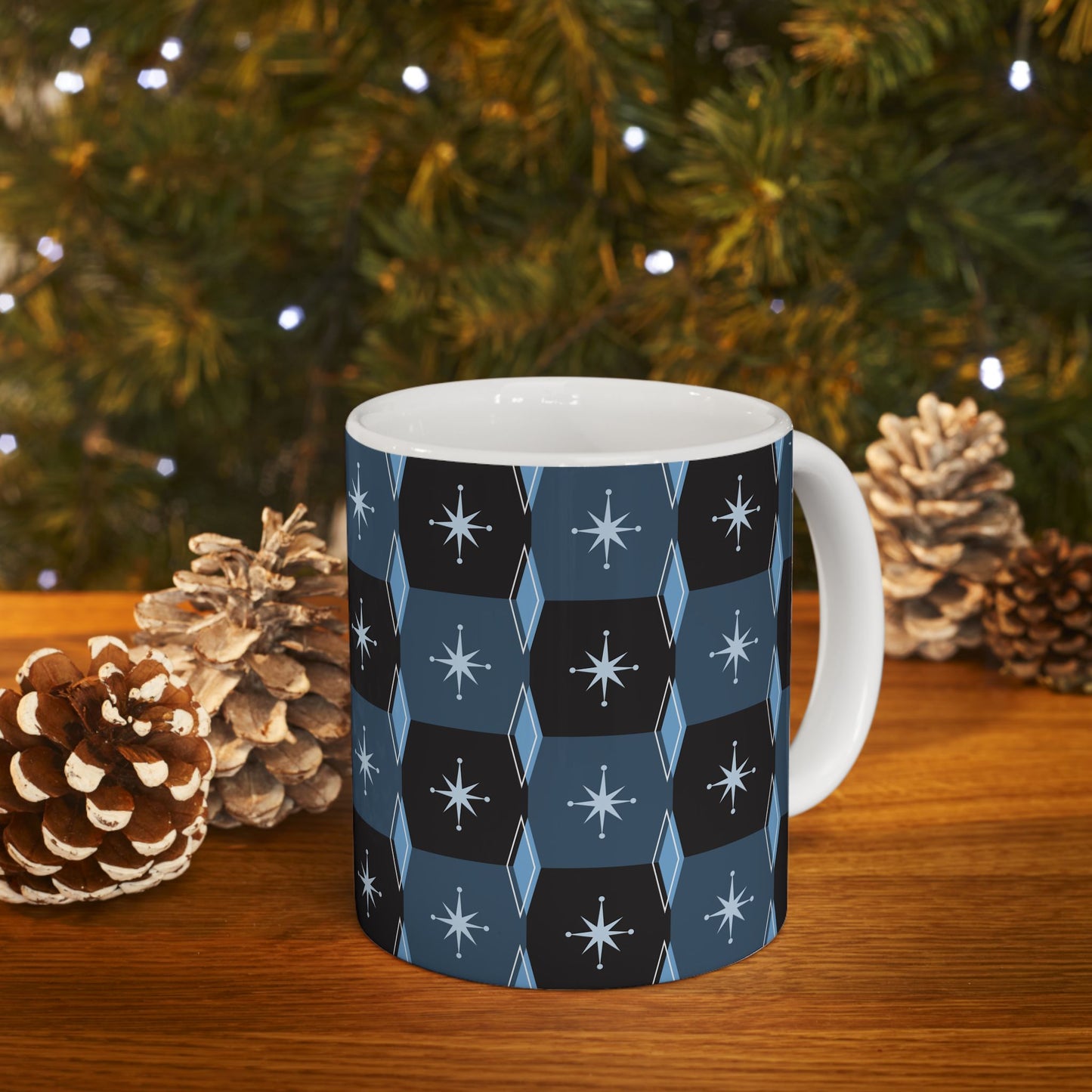 Retro Starburst Pattern Ceramic Mug — Mid-Century Modern Blue Coffee Cup (11oz, 15oz)