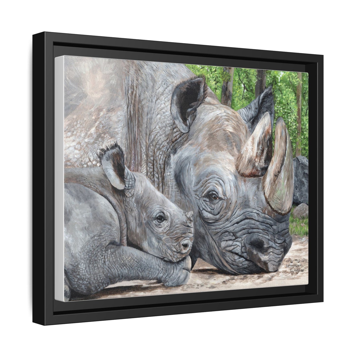 Framed Rhino & Calf Matte Canvas Print — Wildlife Nursery Wall Art