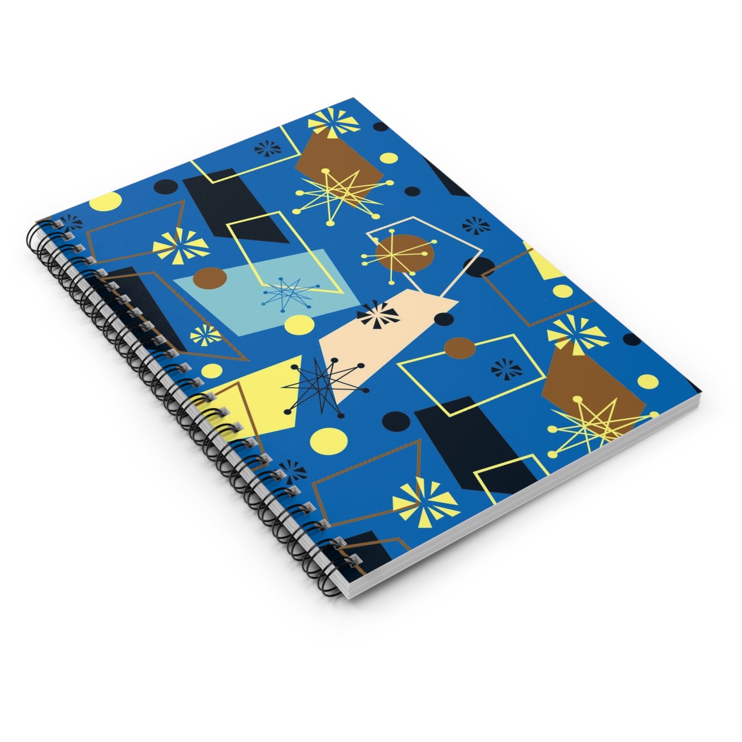Mid-Century Modern Spiral Notebook — Blue Abstract Retro Pattern, Ruled Journal