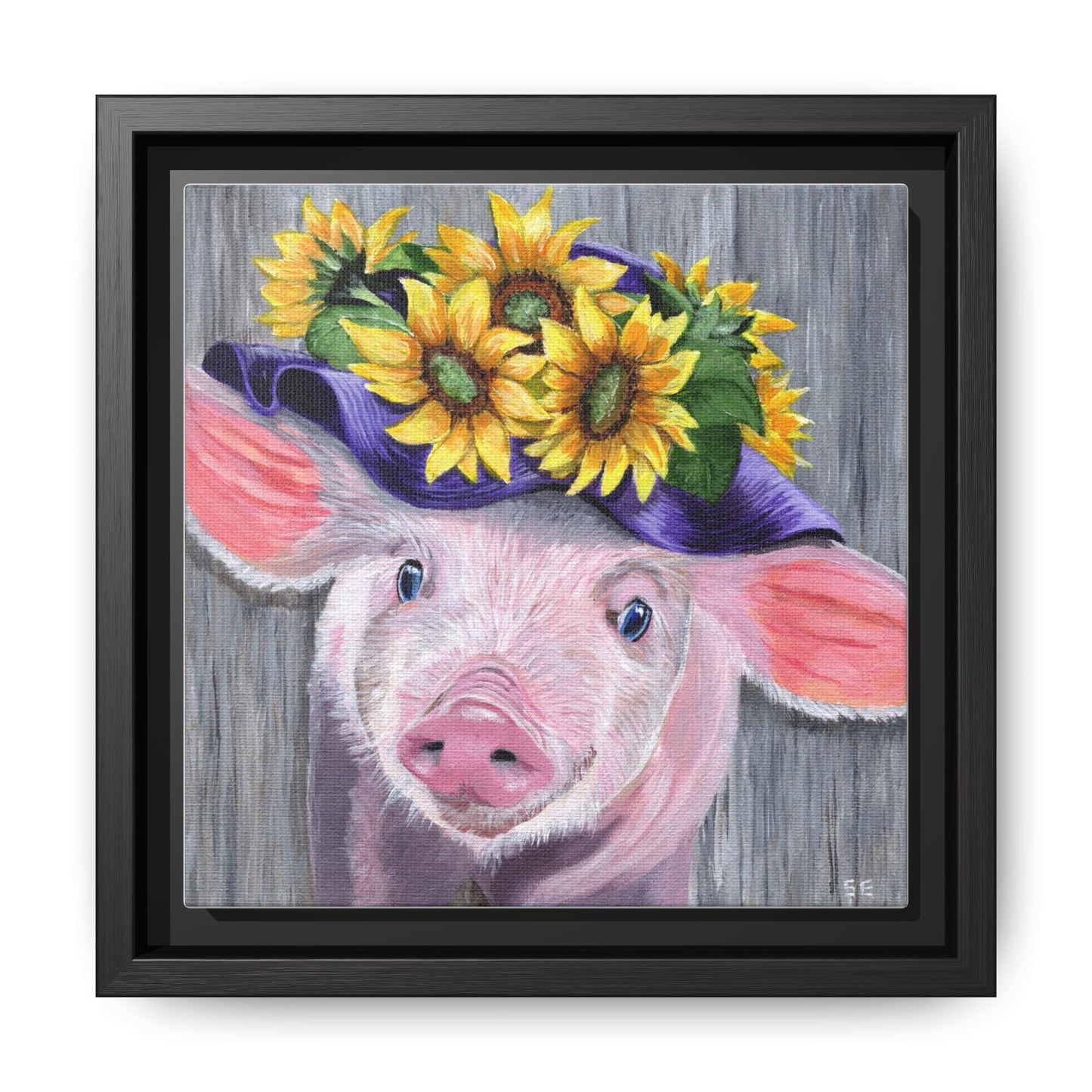 Sunflower Hat Pig Matte Framed Canvas — Whimsical Farmhouse Wall Art