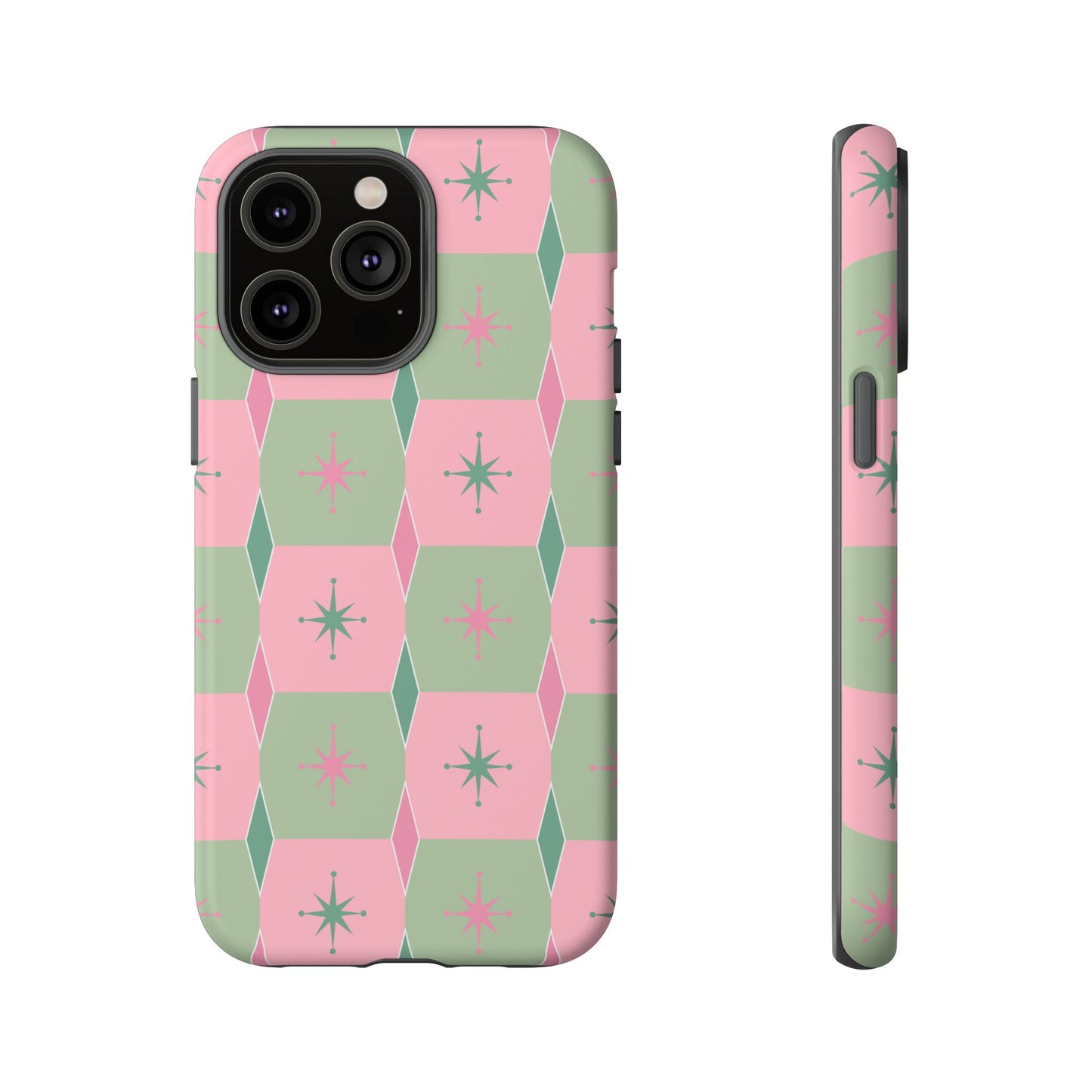 1950s Retro Square and Diamond Pattern in Pink and Green Tough Cases