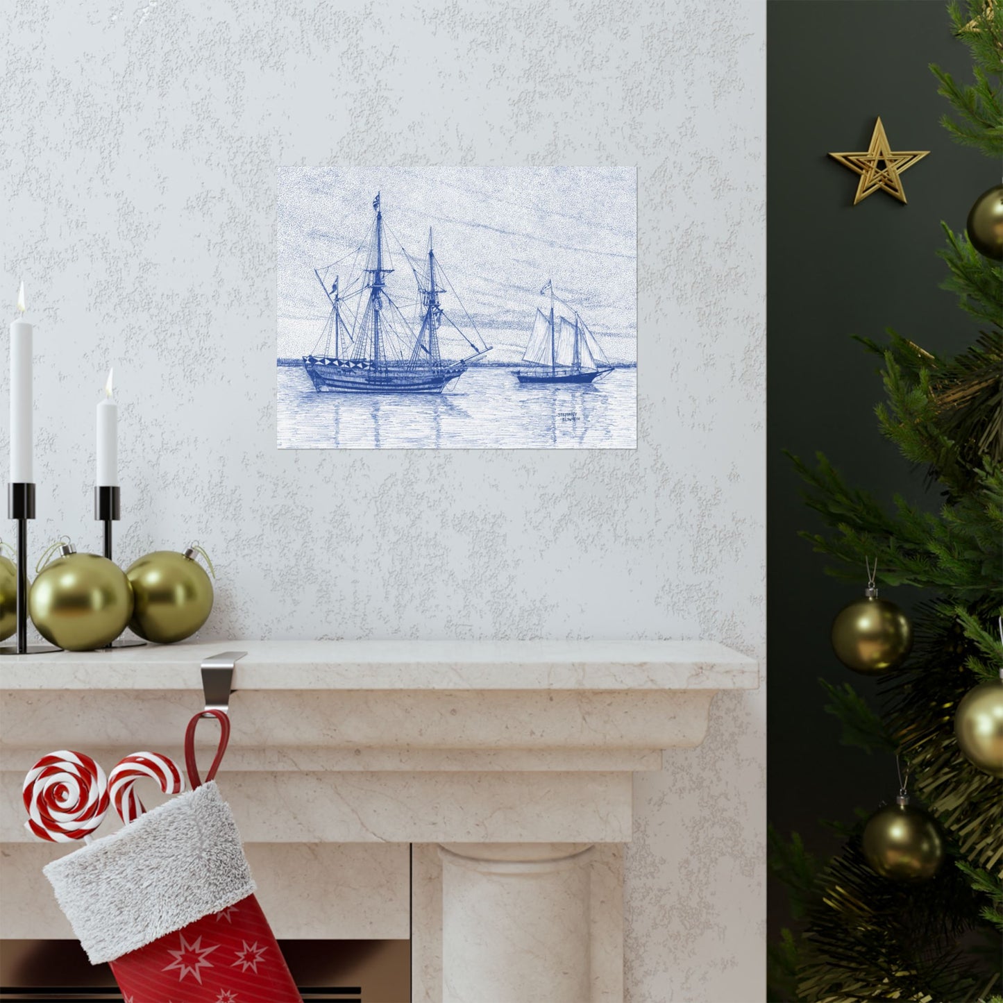 Sailboat Sketch Matte Poster — Blue Nautical Ship Wall Art